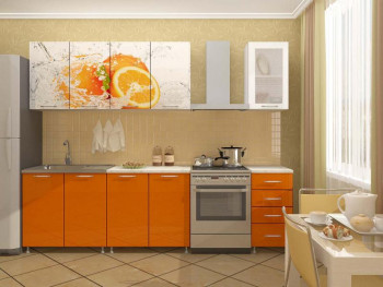 Кухонный гарнитур 1,6м Апельсин (Белый/Оранжевый металлик/Фотопечать апельсин) в Новоцелинном - novocelinnoe.mebel54.com | фото